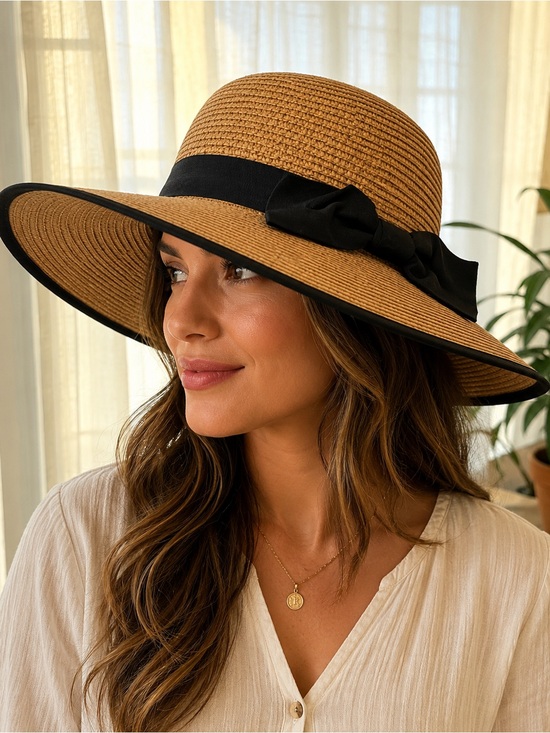 Accessories - Hat Attack Wide Brim Straw Sun Hat Black Ribbon Bow NWOT